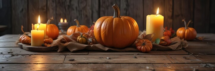 Pumpkin and candle on a distressed wood table , vintage tablecloths, , natural elements