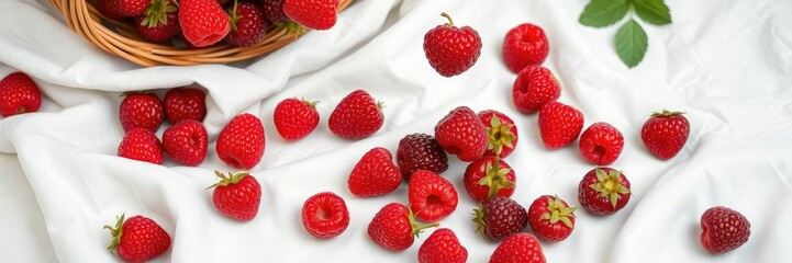 Raspberries falling from a basket onto a white cotton cloth, movement, fall, motion