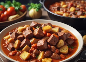 rich and savory beef stew with tender chunks in a spicy and tangy tomato sauce, beef and tomato soup, spicy flavors