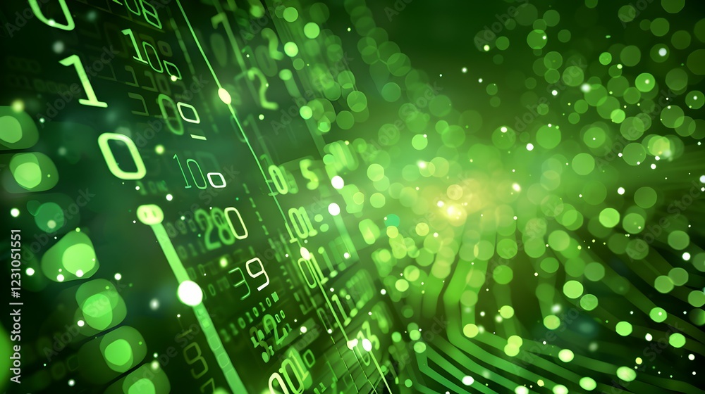 Poster Abstract digital background with green binary code and glowing particles.