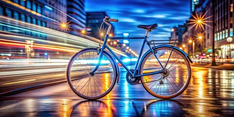 Long Exposure of a Blue Bicycle with Chain Wrapped Around Handlebars in Urban Environment, Capturing Motion Blur and Vibrant Night Lights