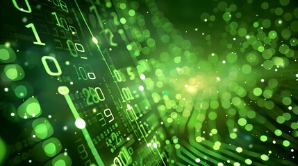 Abstract digital background with green binary code and glowing particles.