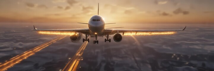 Naklejka premium Runway lights casting a golden glow on the wing of an airplane taking off , aviation, sky, light