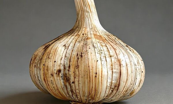 Close-up of a rustic garlic bulb showcasing its textured skin and earthy tones against a neutral background