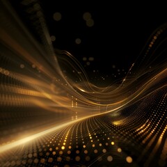 Fototapeta na wymiar A dynamic abstract design featuring flowing golden lines and dots on a dark background.