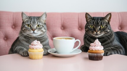 Two gray tabby cats sit at a table with cupcakes and a cup of coffee, creating a cozy, whimsical atmosphere.