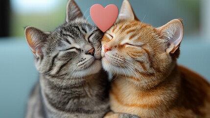 Two affectionate cats cuddle together, showcasing their bond with closed eyes and a heart symbol above them, radiating warmth and love.