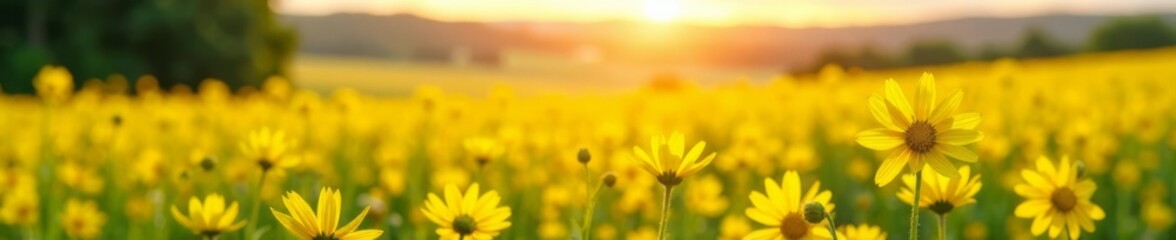Warm sunlight filters through rapeseed flowers, illuminating a gentle landscape, peaceful, landscape, yellow