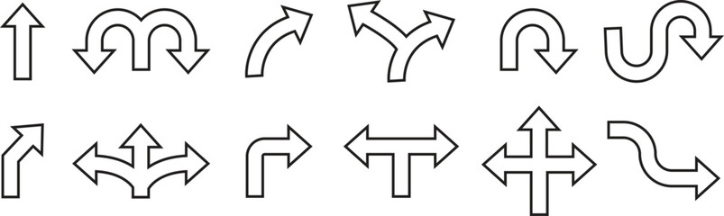 Road Traffic Arrow outline icons set. Choice, option, pathway, opportunity. Way signs. Driving direction mark. GPS elements template for graphic and web designs isolated transparent background.