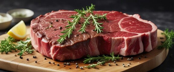Fototapeta premium Side view of raw ribeye steak with fresh thyme and pepper , beef, tender, food