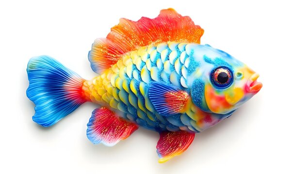 Colorful plastic fish toy isolated, white background, decoration