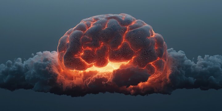 Cloud Computing Concepts. Explosive brain illustration with glowing elements and dark clouds.