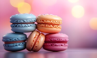 Obraz premium Colorful macarons stacked on table, bokeh background, dessert photography, food blog