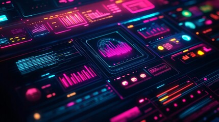 Colorful neon-themed illustration featuring various electronic devices on a vibrant background