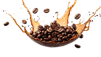 Roasted coffee beans splashing in delicious coffee PNG Image