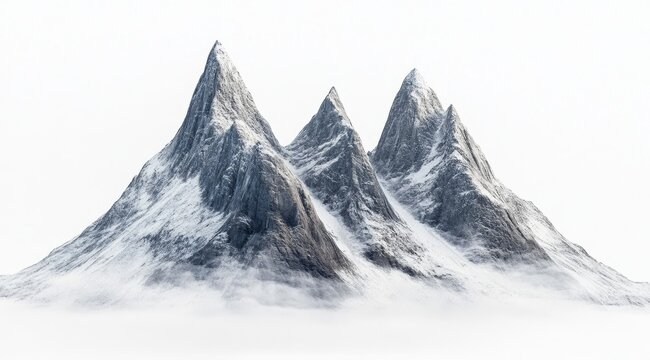 Majestic snow-capped mountain peaks rise above a misty valley, isolated on white.
