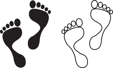 Foot print icon set. Human foot pet black vector flat and line collection isolated on transparent background. Shoe print step symbol sign of walking, track imprint, sole of shoe printmaking technique.