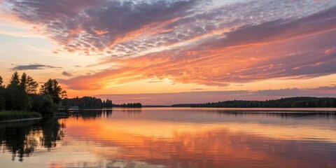 Fototapeta premium Softly glowing watercolor sunset over a serene lake, calm waters, sky colors, water body, watercolor background
