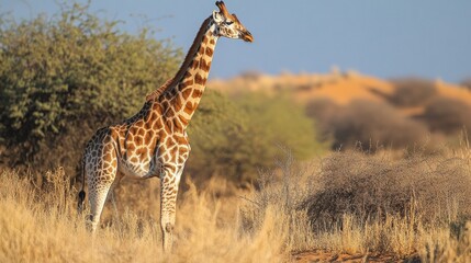 Obraz premium Giraffe grazing in the savanna wildlife natural habitat close-up view