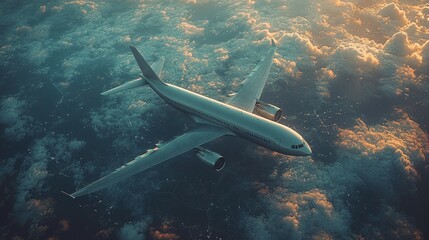 Fototapeta premium Airplane Soaring Above Cloud Cover During Sunset