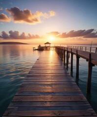 Obraz premium Soft sunlight casting a warm glow over the peaceful pier and calm blue waters, waters, calm, stillness