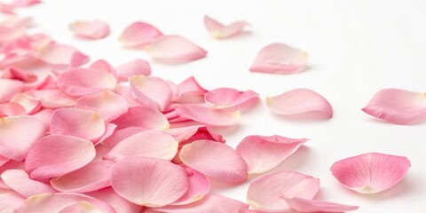 Fototapeta premium Soft pink rose petals scattered on a white background, warm ambiance, elegant decor, soft pink rose, love theme