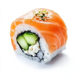 Single Philadelphia roll sushi piece with salmon, cucumber, and cream cheese, isolated on white background.
