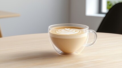 Latte Art in Double Walled Glass on Wooden Table