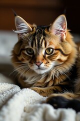 Naklejka premium Whiskers twitching gently, fur fluffed up, ears perked, resting on wooden bed, feline, rest, pet