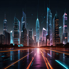 Futuristic AI-powered cityscape with glowing data streams and robotic assistants."