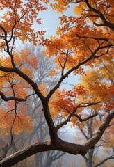 Fototapeta premium Perched on a bare tree branch with leaves changing colors, blue and yellow plumage, forest, blue jay