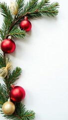 Pine branch garland with ribbons on white background with red gold ornaments, pine branch garland, winter wonderland, Christmas decorations
