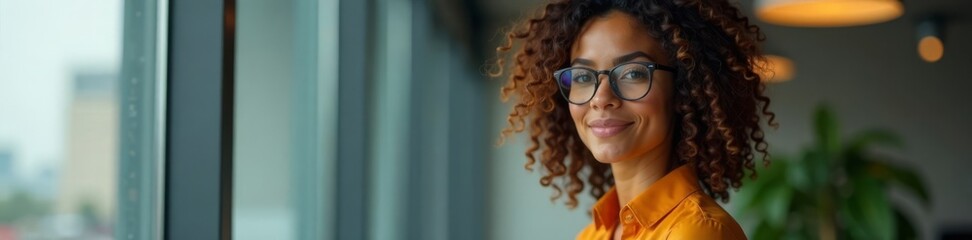 Obraz premium Woman with curly hair and glasses in a professional setting, Indoor Portrait, Curly Hair, Blurred Background