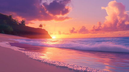 Fototapeta premium Serene Beach at Sunrise With Colorful Sky and Gentle Waves Reflecting the Light. Generative AI