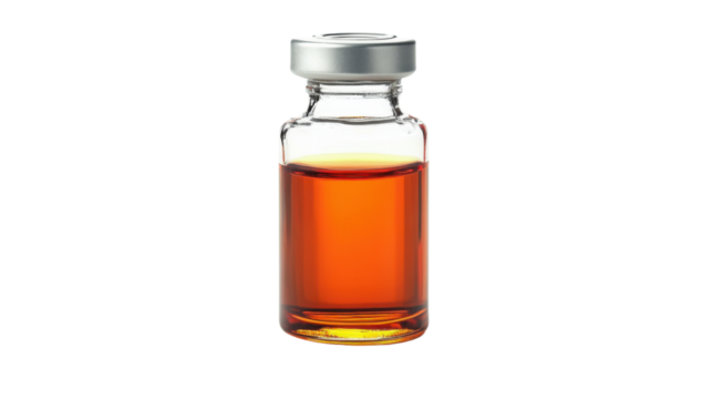 Medical glass vial containing amber liquid on a transparent background