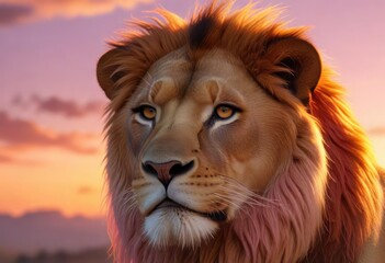 Fototapeta premium Regal lion with reddish-brown mane gazing out at a vibrant orange-pink sunset, Africa, warm light
