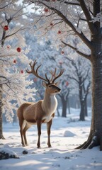 Fototapeta premium reindeer standing near a snowy tree with ornaments, winter, animal
