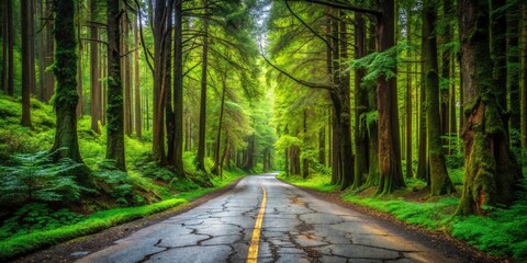 Old Cracked Road Surrounded by Majestic Trees - A Documentary of Nature's Resilience and Decay, Capturing the Beauty of Weathered Paths and Lush Greenery in a Serene Landscape