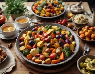 Roasted vegetables on a Thanksgiving dinner table, herb-seasoned, oven-roasted
