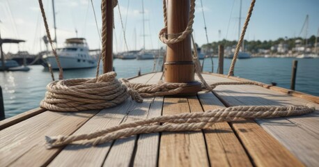 Sailboat in harbor with ropes secured to cleats, secure, cleat