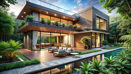 Fototapeta premium Refined Modern House Design with Elegant Architecture, Open Spaces, and Contemporary Aesthetics for Luxurious Living, Showcasing Natural Light and Sustainable Elements in a Tranquil Setting