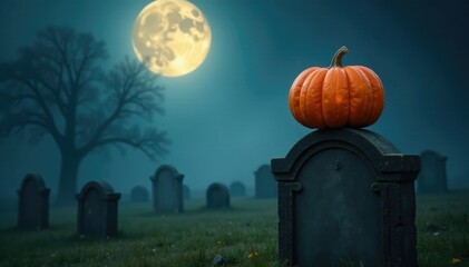 A single, large pumpkin sits on top of a weathered stone grave marker in a misty, moonlit graveyard, marker, eerie feeling
