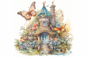 fabulous flower house in the garden with butterflies on a white background, in rococo style., watercolor style, Generative AI
