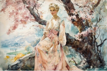 A woman in a light long dress in the spring in a flowering park among the trees, watercolor style, Generative AI