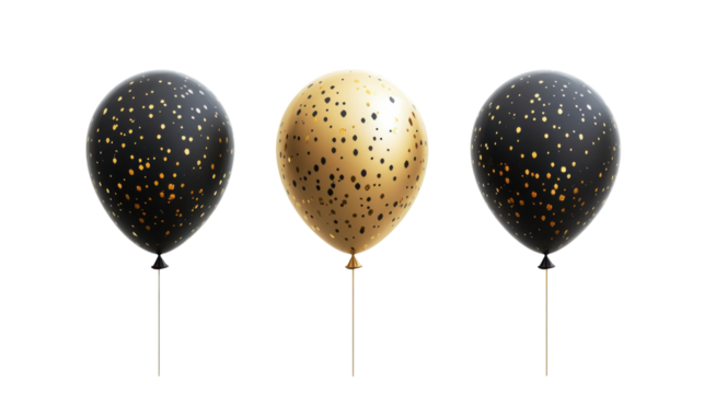 Black and gold balloons floating with golden confetti on transparent background