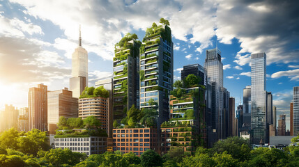 Naklejka premium Stunning City Skyline Showcases Innovative Architecture and Lush Green Spaces Under a Bright Blue Sky. Generative AI