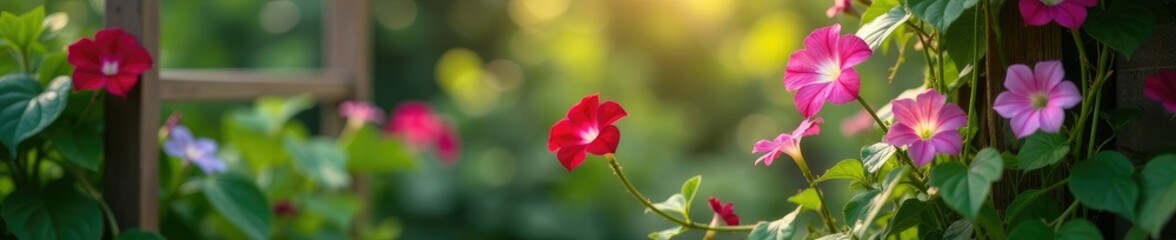 Dainty morning glory vines crawling up a trellis, plant, climbing flowers, flowers