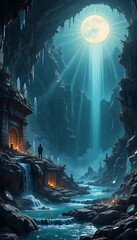 Naklejka premium Man Contemplates Moonlit Cave River And Ancient Structures