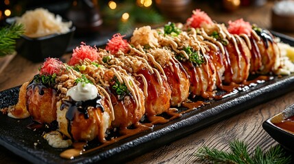 A colorful Takoyaki platter with various toppings like mayonnaise, sauce, and crispy tempura bits, styled for a festive setting