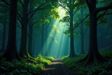 Obraz premium Dark forest with tall trees and overhanging branches, dense foliage, towering trees